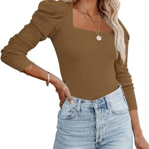 NWT Square Neck Puff Long Sleeve Ribbed Slimming Thong Bodysuit Tops Jumpsuit